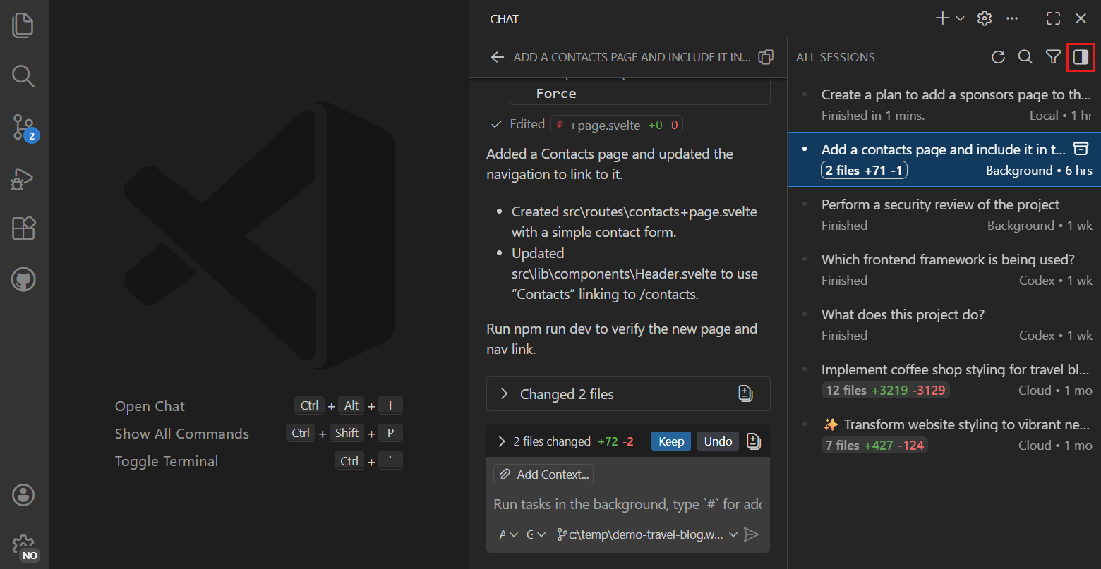 Screenshot showing the Chat view with the sessions list, conversation, and chat input.
