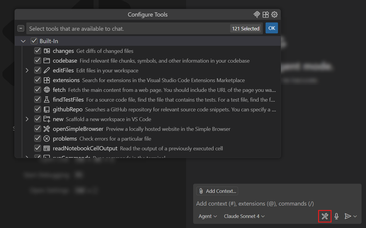 Screenshot showing the Chat view, highlighting the Tools icon in the chat input and showing the tools Quick Pick where you can select which tools are active.