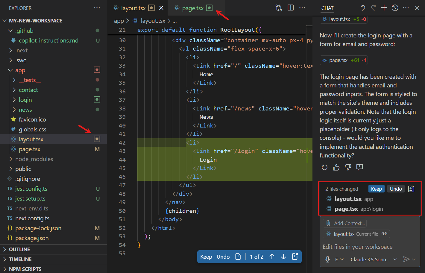 Screenshot that shows the Chat view, highlighting the changed files list and the indicator in the Explorer view and editor tabs.