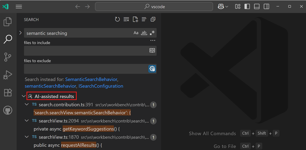 Search view showing semantic search results that are not an exact match for the search criteria.