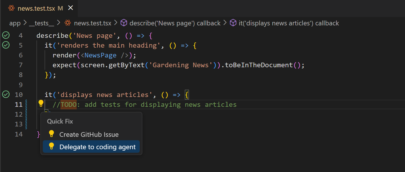 Screenshot that shows a Code Action menu with Start Coding Agent option for a TODO comment.