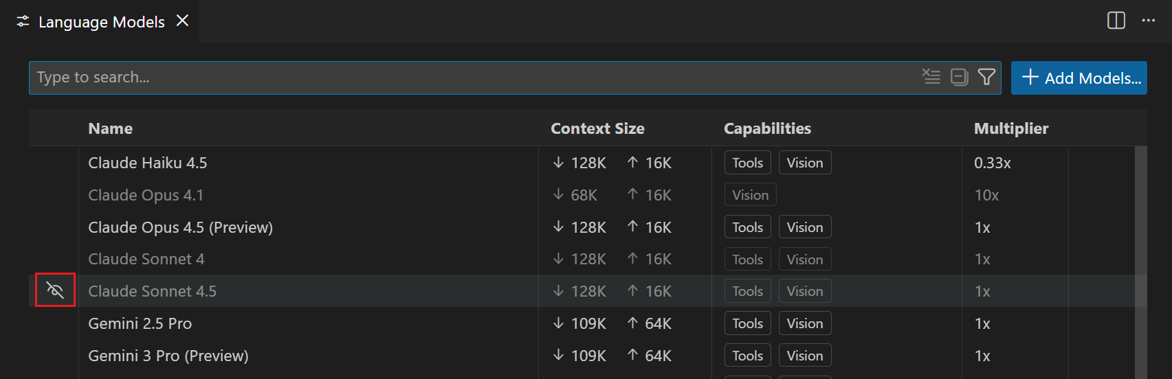 Screenshot that shows the Language Models editor with the eye icon to show or hide models in the model picker.