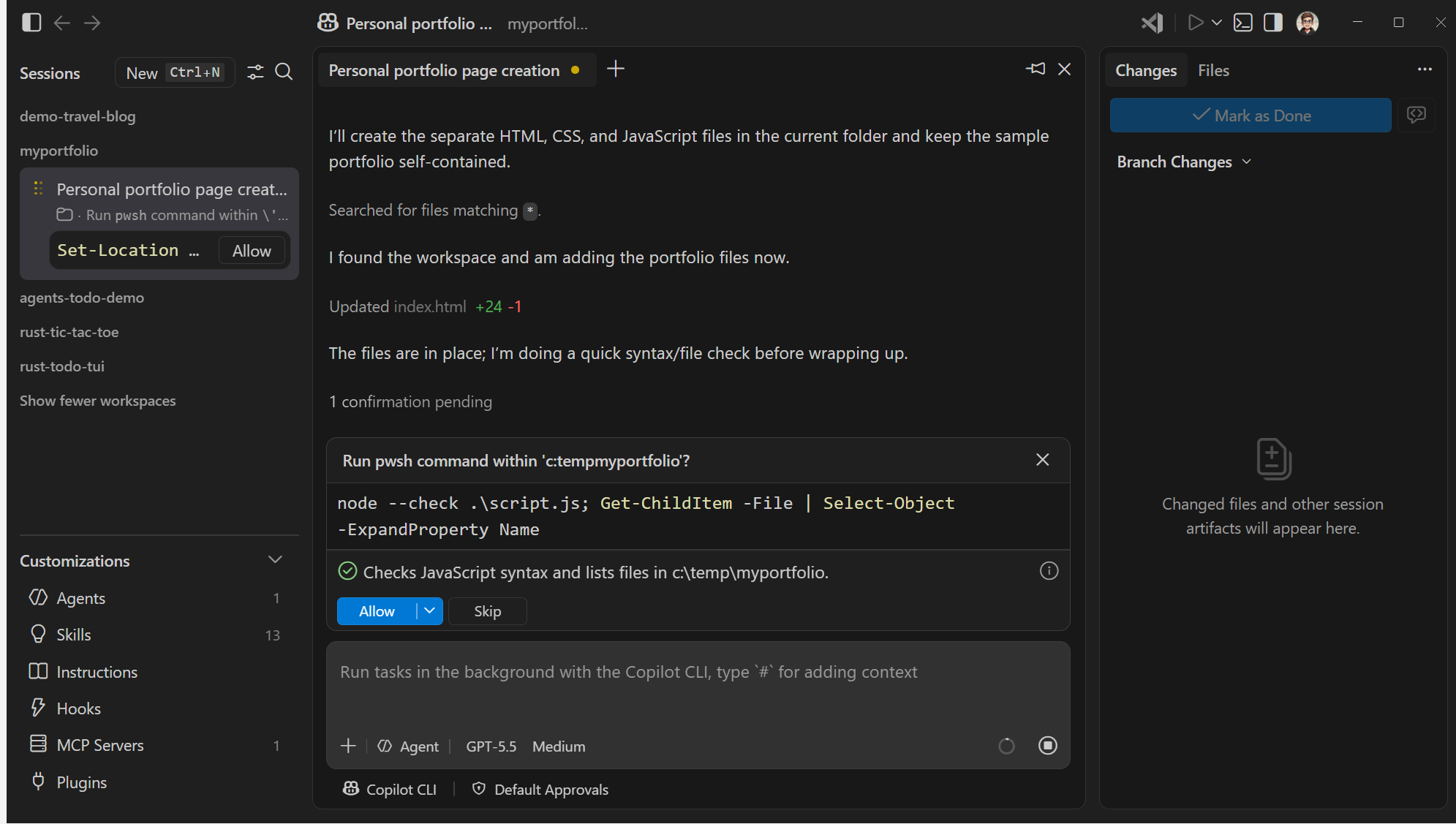 Screenshot of the agent generating the portfolio page files in the Agents window.