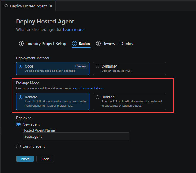 Screenshot showing basics designer with deployment package mode options highlighted.