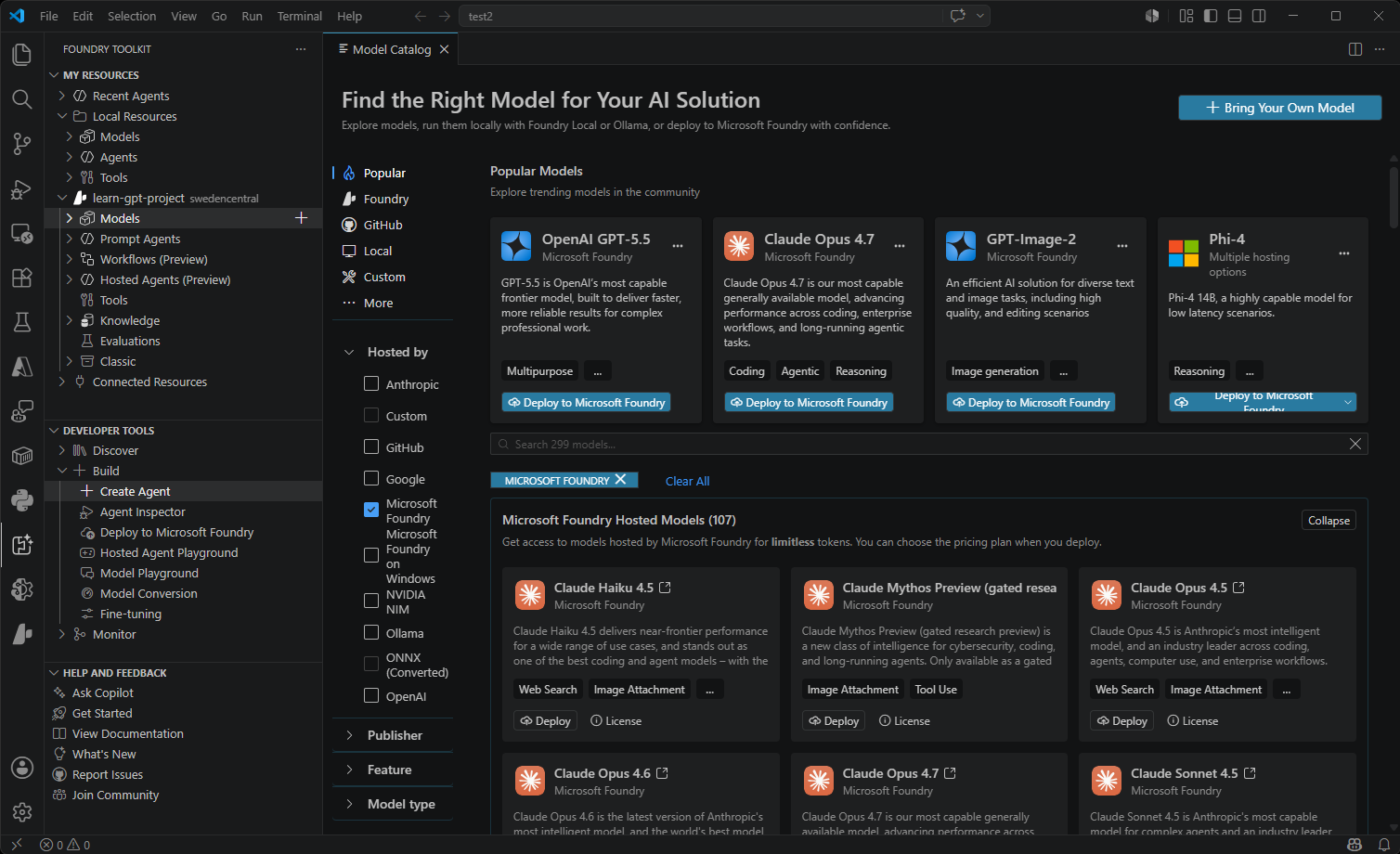 Screenshot showing the Foundry Toolkit Model Catalog interface with various AI model options