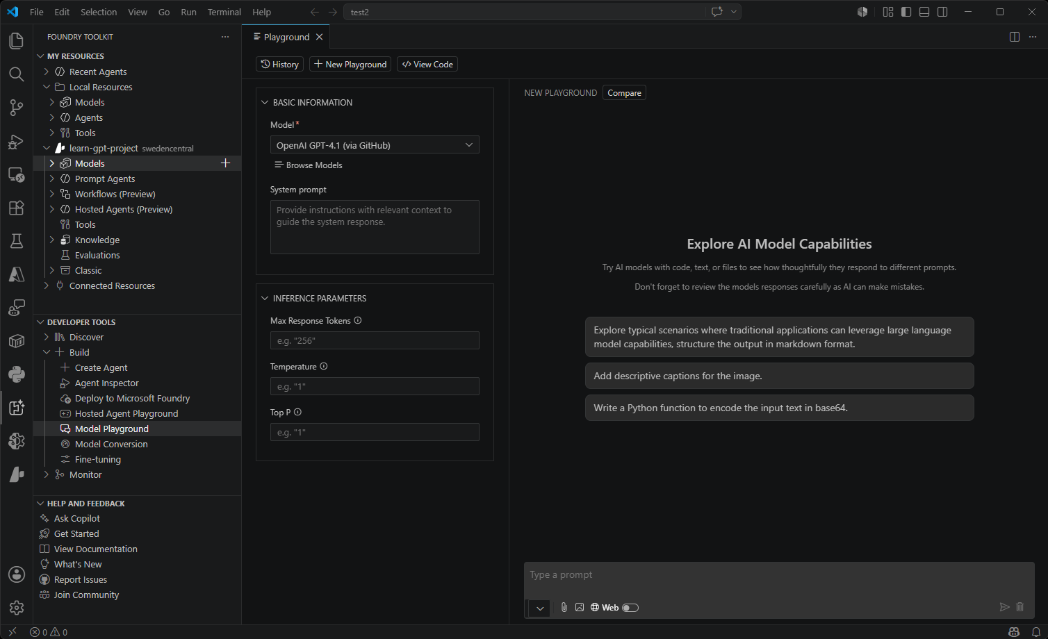 Screenshot showing the Foundry Toolkit Playground interface with chat messaging and model parameter controls