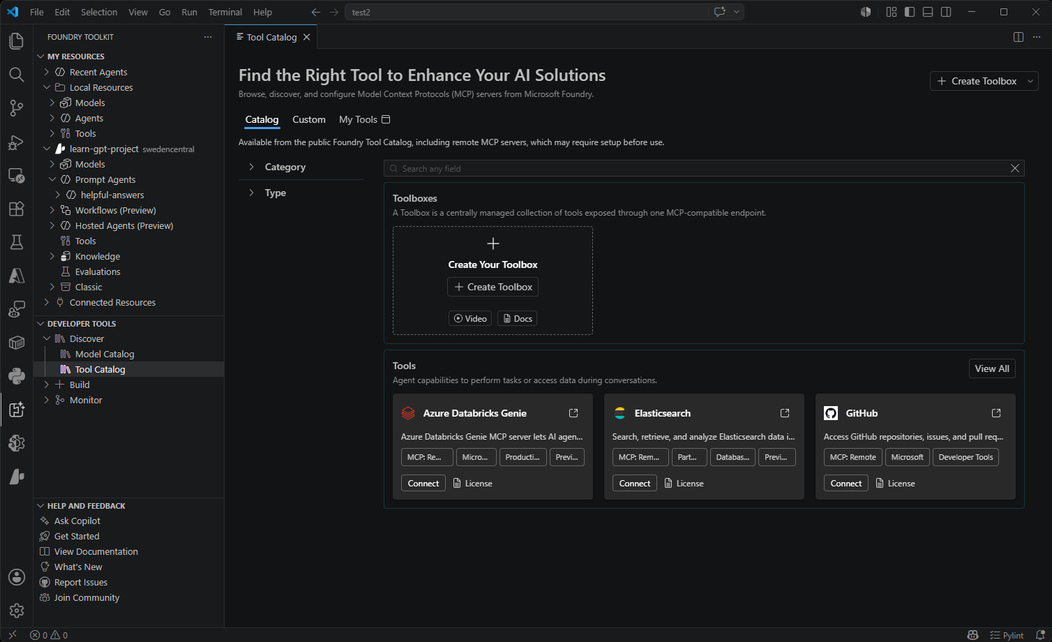 Screenshot showing the Tool Catalog in Foundry Toolkit.
