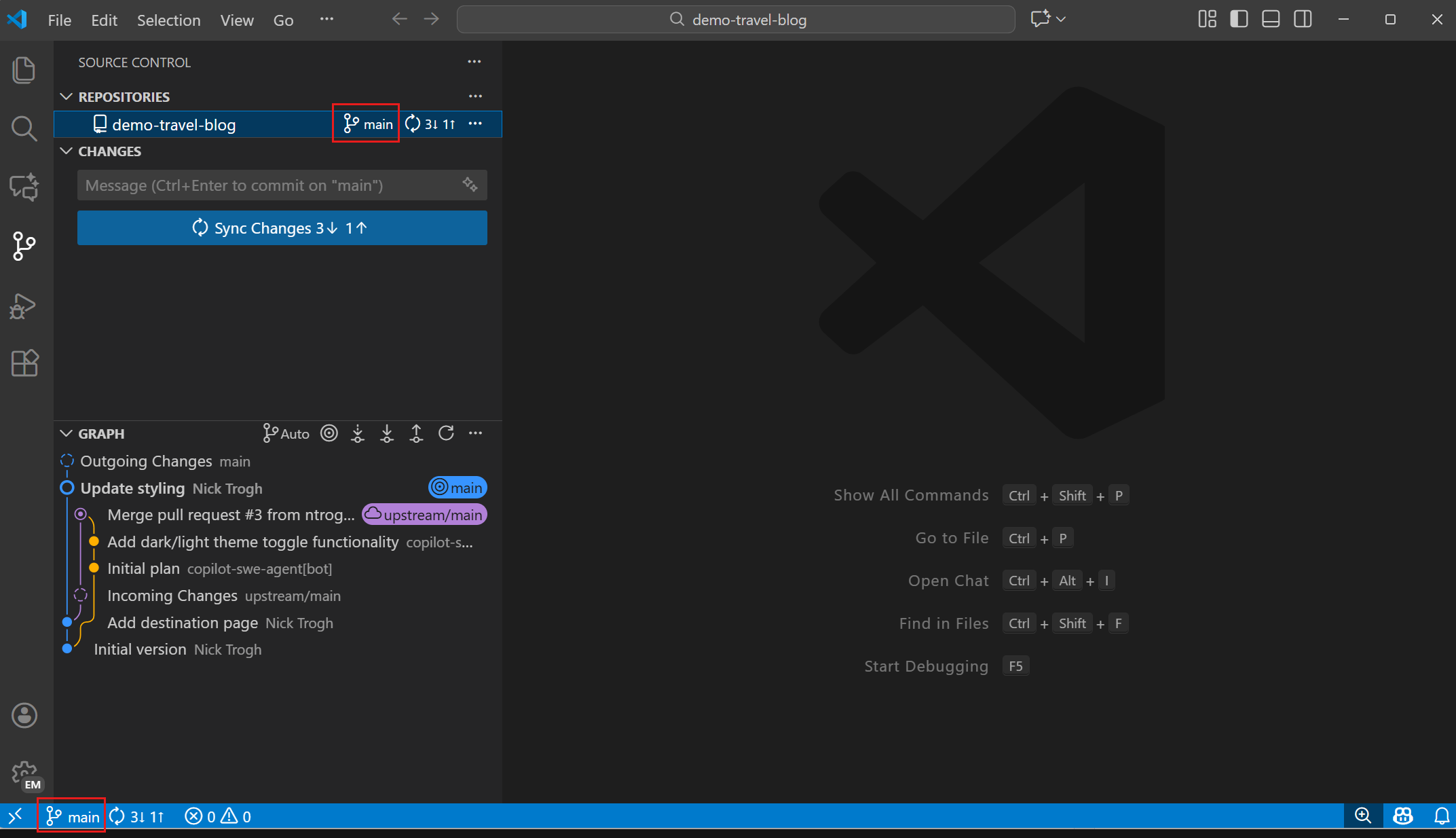 Screenshot showing the current branch displayed in the Status Bar and Source Control view.