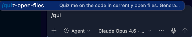 Screenshot of the Copilot Chat view showing the /quiz-open-files prompt file triggered from chat