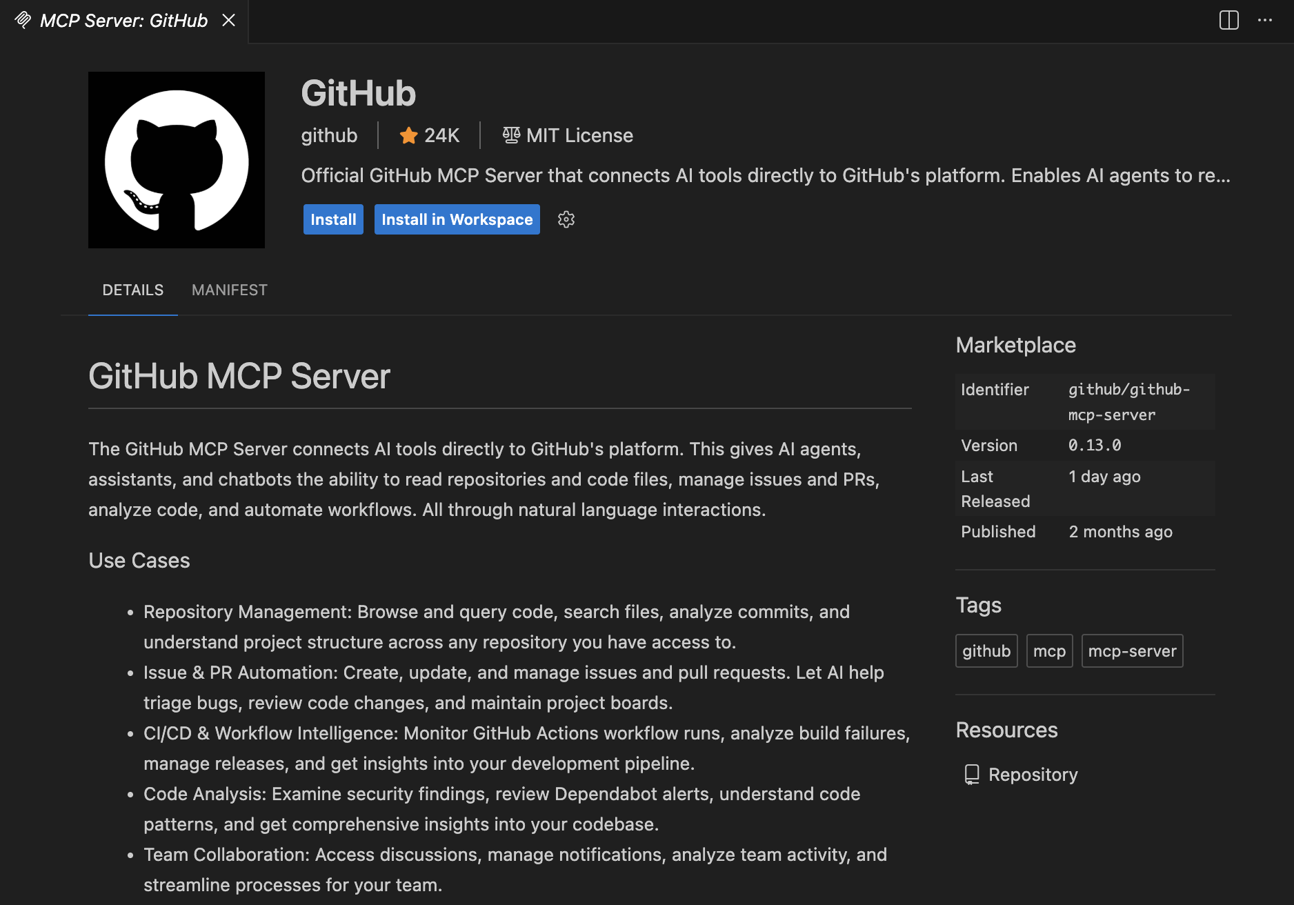 Screenshot showing the context menu for an MCP server with the Install (Workspace) option highlighted
