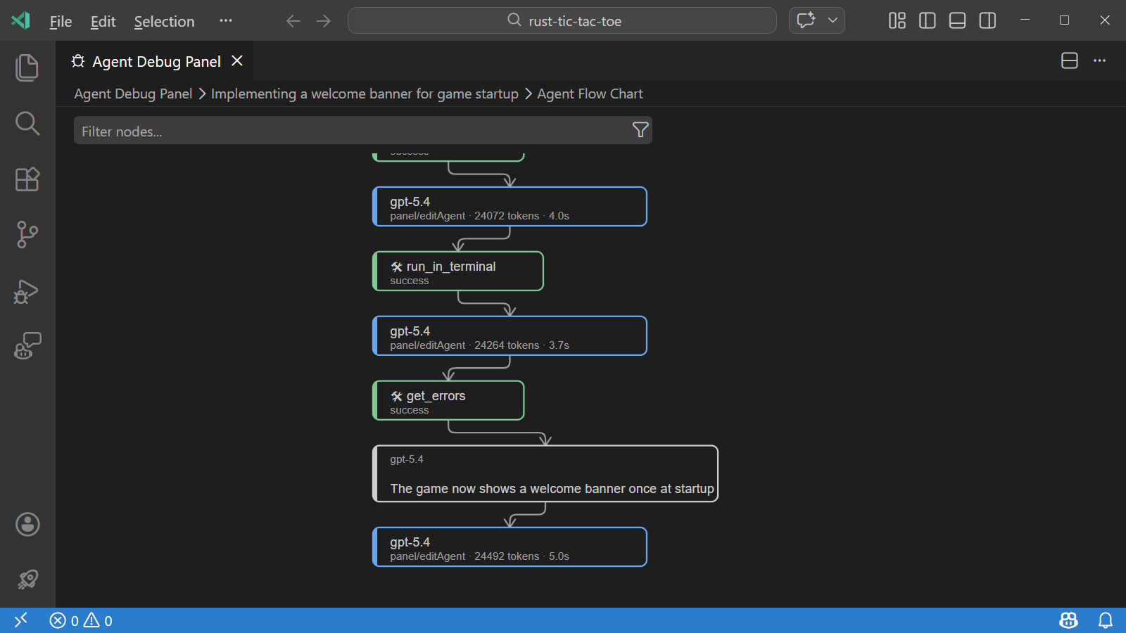 Screenshot of the Agent Debug Logs panel showing logs from a Copilot CLI session.