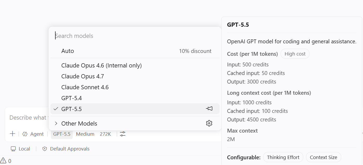 Screenshot showing the model picker with cost information