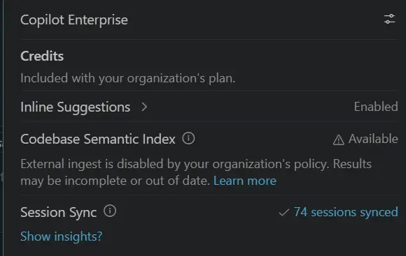 Screenshot of the session sync status message in the Copilot status dashboard.