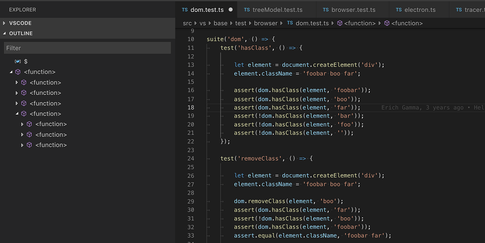 VS Code 1.29 with entries in the Outline view